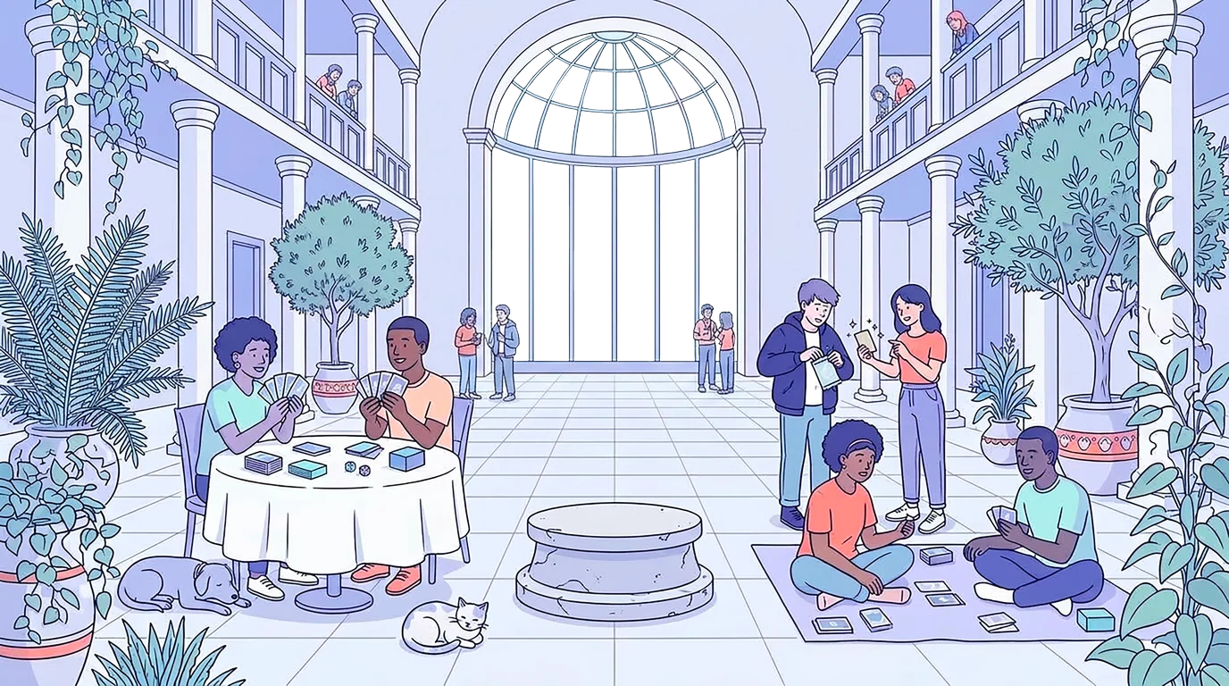 Illustration : des joueurs de cartes réunis dans une grande salle lumineuse, autour du symbole Akari en verre qui décompose la lumière.